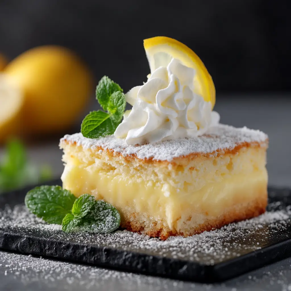 A side view of the creamy lemon cake, garnished with a sprinkle of powdered sugar and fresh lemon zest for extra flavor.
