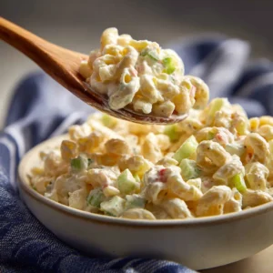 A spoonful of creamy macaroni salad being lifted from a bowl, showing the texture of the dressing and pasta.
