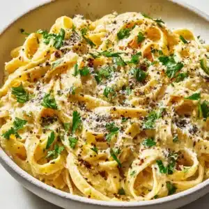 An extreme close-up of creamy miso butter pasta, showing the velvety texture of the sauce coating each strand of fettuccine.