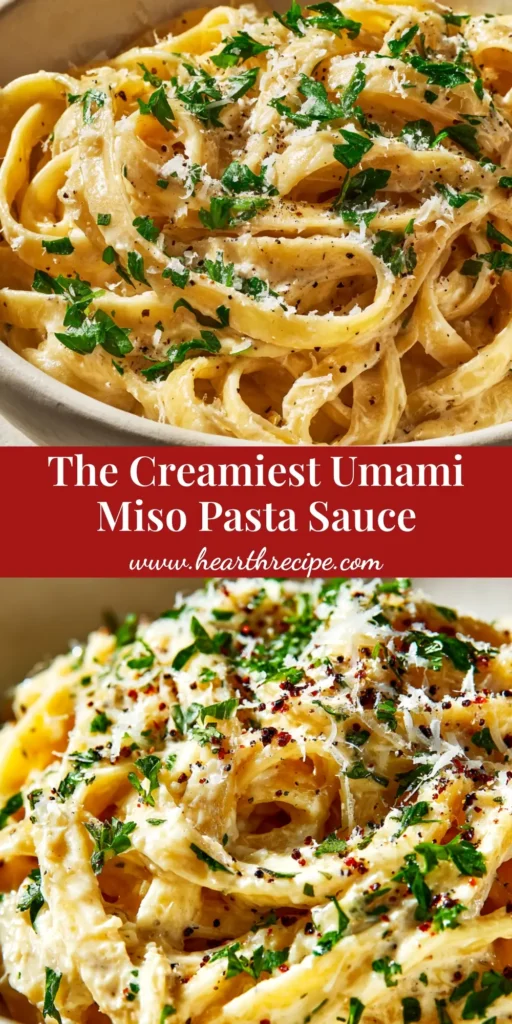 A stunning overhead shot of creamy Miso Pasta Sauce tossed with fettuccine in a white bowl, garnished with fresh herbs. The perfect 15-minute umami recipe.