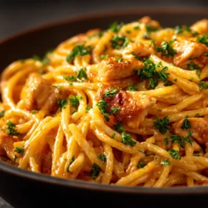 A close-up shot of the creamy Monterey Chicken Spaghetti, showing the melted cheese and tender pieces of chicken.