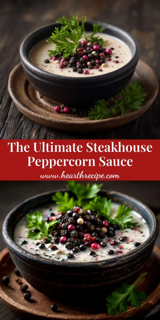 A rich and creamy peppercorn sauce recipe served in a white bowl, perfect for steak. The sauce is a light brown color with visible specks of black pepper.