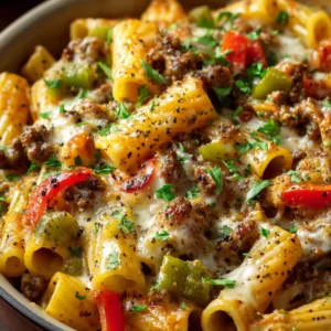 An extreme close-up shot of the creamy cheese sauce coating the rigatoni pasta, steak, and peppers in the Philly cheesesteak pasta dish.