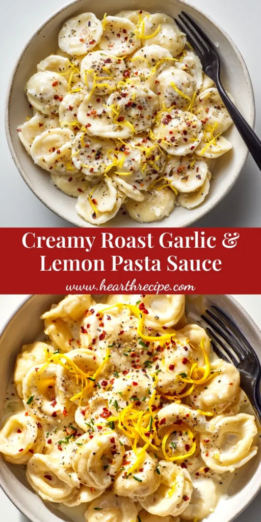 A large white bowl filled with creamy roast garlic and lemon pasta sauce tossed with orecchiette pasta, garnished with fresh parsley. The perfect weeknight dinner inspiration.