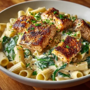 An extreme close-up shot of creamy salmon spinach pasta, showing the texture of the flaky salmon and the rich garlic cream sauce.