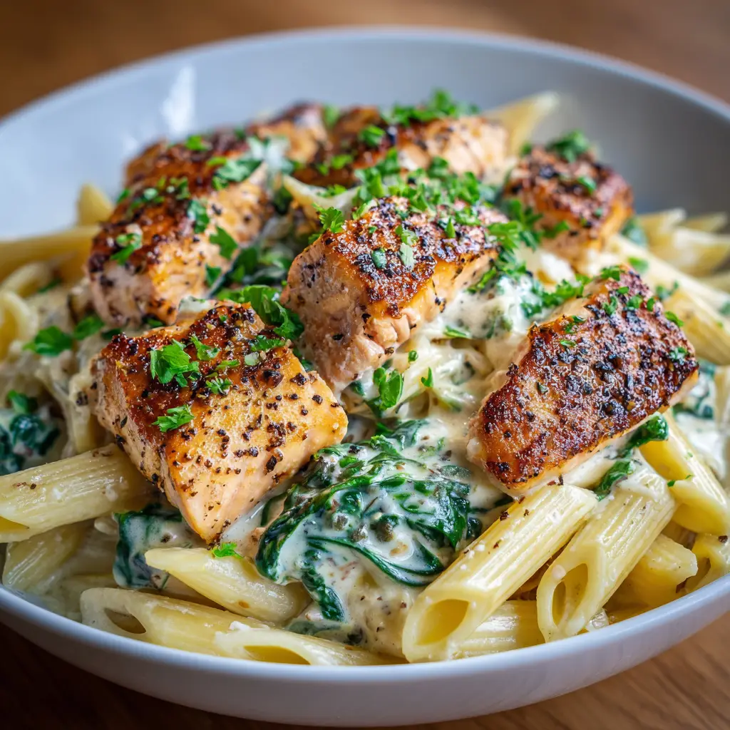 A fork twirling fettuccine from a bowl of salmon and spinach pasta, ready to be eaten.