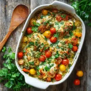 A close-up shot of the creamy chicken bake with salsa verde, showing the texture of the melted cheese and shredded chicken.