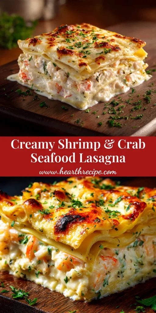 A delicious, creamy seafood lasagna recipe with shrimp and crab. A large slice is being lifted from a white baking dish, showing layers of pasta, white sauce, and seafood.