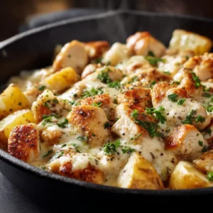 A close-up shot of the creamy garlic parmesan chicken and potatoes, showing the rich texture of the sauce and tender pieces of chicken.
