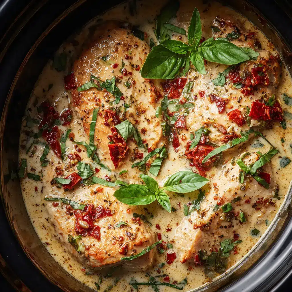 A close-up view of the finished Crockpot Marry Me Chicken, showing the thick, creamy sun-dried tomato sauce coating a tender chicken breast.