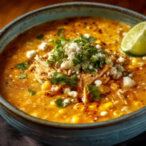 An extreme close-up of a spoonful of creamy elote soup, highlighting the corn kernels and rich, velvety texture.