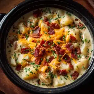 An overhead shot of creamy slow cooker potato soup in a white bowl, garnished with green onions. The soup has a rich, velvety texture.