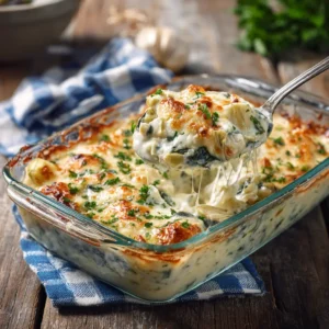 A close-up shot of the cheesy spinach artichoke chicken bake, showing the creamy texture of the topping over a juicy piece of chicken.