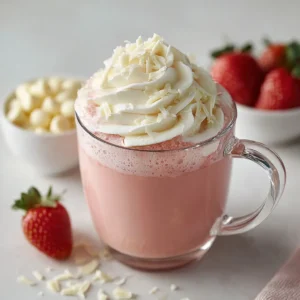 A close-up of a mug of pink strawberry white hot chocolate, showing its rich and creamy texture.