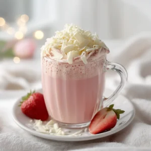 A cozy mug of pink strawberry hot chocolate topped with whipped cream, set against a warm, inviting background.