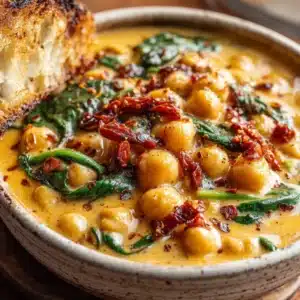 A close-up shot of the creamy sun-dried tomato chickpeas, highlighting the texture of the rich sauce and tender chickpeas.