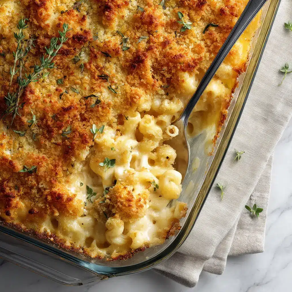 A scoop of creamy three-cheese macaroni and cheese being lifted from a baking dish with a serving spoon.