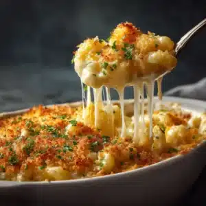 An extreme close-up shot of a spoonful of baked white cheddar mac and cheese, showing the creamy texture and melted cheese.