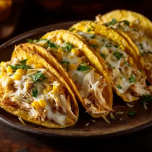 A close-up view of a white chicken chili taco filled with shredded chicken and white beans, topped with fresh cilantro.