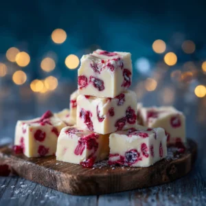 A close-up view of creamy white chocolate fudge with a vibrant raspberry swirl, highlighting its smooth texture.