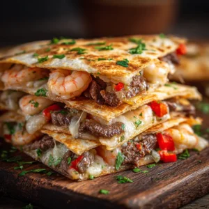 An extreme close-up of the Creole steak and shrimp filling with peppers and onions being cooked in a skillet.