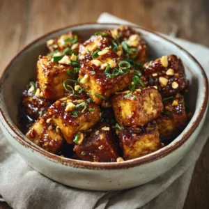 Golden brown cubes of crispy air fryer tofu being tossed in a bowl with a shiny honey garlic sauce.