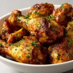 An overhead shot of multiple crispy baked chicken drumsticks glistening with seasoning on a baking sheet.