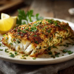 A cooked fillet of crispy parmesan crusted halibut on a baking sheet, showing the golden-brown Panko topping before being served.