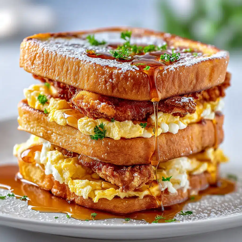A close-up shot showing the crispy texture of the fried chicken inside the sweet and savory French Toast Fried Chicken Sandwich.