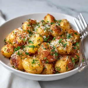A close-up view of crispy oven-roasted potatoes with garlic and parmesan, showcasing their golden-brown texture and fresh parsley garnish.