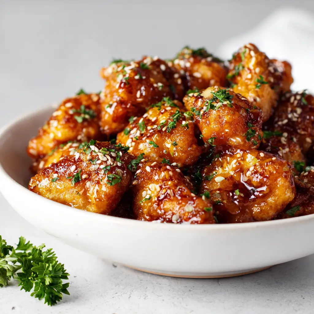 Honey Butter Chicken Bites: Crispy, Sweet & Savory 2 A close-up shot of pan-fried chicken bites coated in a sticky honey butter sauce, served in a white bowl with a fork.