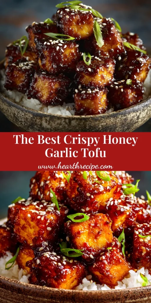 A top-down view of Crispy Honey Garlic Tofu in a white bowl, garnished with sesame seeds and green onions, served with a side of rice. The tofu is glossy with sauce.