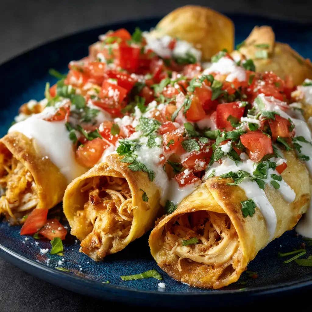 A close-up of three golden baked chicken taquitos stacked on a plate, showing their crispy texture.