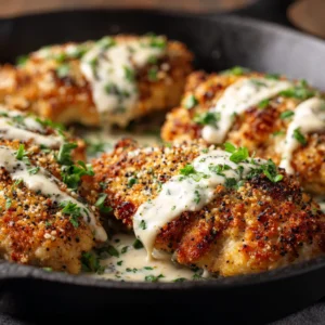 An extreme close-up of several pieces of Parmesan crusted chicken, highlighting the crispy Panko breading and savory herbs.