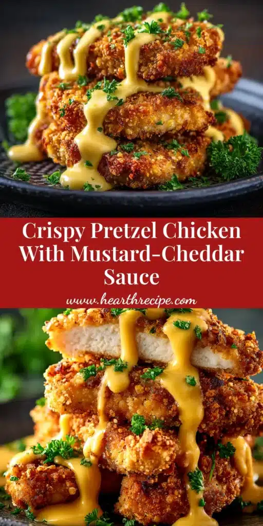A plate of crispy pretzel chicken served with a side of honey mustard dipping sauce. The chicken is golden brown and looks incredibly crunchy.
