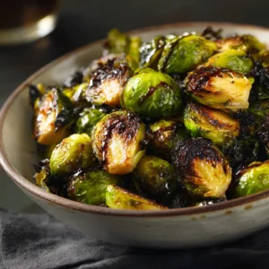 A close-up shot of crispy roasted brussels sprouts on a baking sheet, showing their caramelized edges and tender centers.
