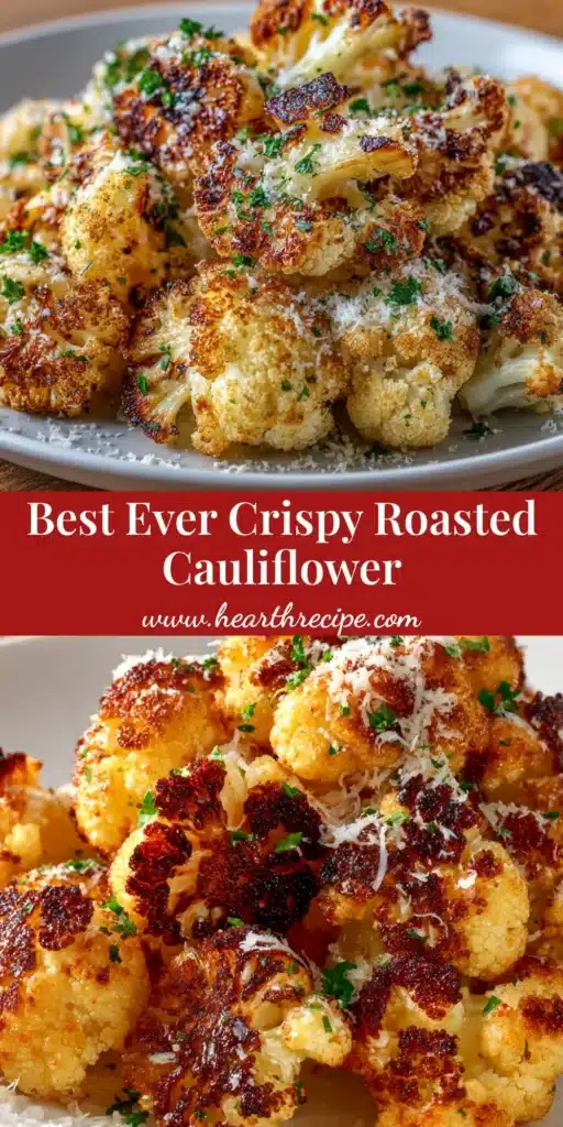 A shareable pin image showing a bowl of deliciously Crispy Roasted Cauliflower, perfectly golden brown and seasoned, with text overlay for Pinterest.