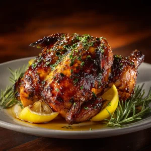 Extreme close-up of a perfectly cooked Cornish hen, showing the crispy, herb-flecked skin and juicy meat.