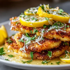 A close-up shot of a golden-brown, crispy Romano crusted chicken cutlet sizzling in a pan.