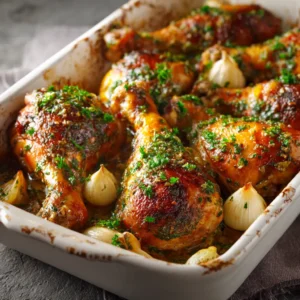 A close-up shot of crispy skin on oven-roasted chicken thighs and drumsticks, seasoned with herbs and pepper.