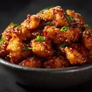 A close-up view of a piece of crispy sweet chili chicken, showing the texture of the crunchy coating and the glossy sauce.