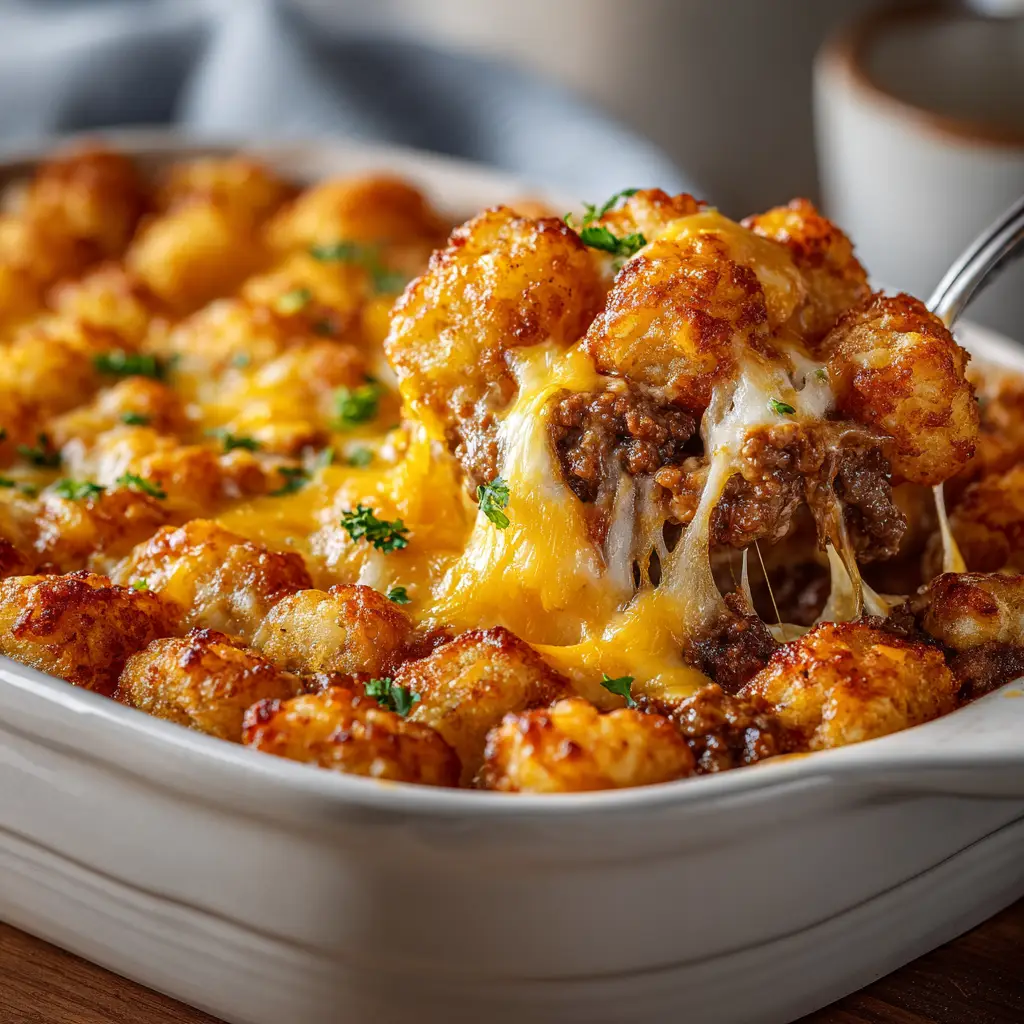 A close-up view of the crispy, golden-brown tater tot topping on the casserole, fresh out of the oven.