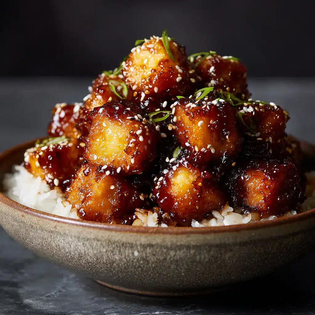 A close-up shot of the finished Crispy Honey Garlic Tofu being served. The glossy honey garlic sauce perfectly coats each piece of crispy tofu.