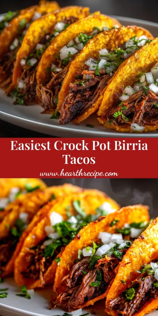 A platter of crispy Crock Pot Birria Tacos served with a bowl of rich, red consomé for dipping, garnished with fresh cilantro and lime wedges.