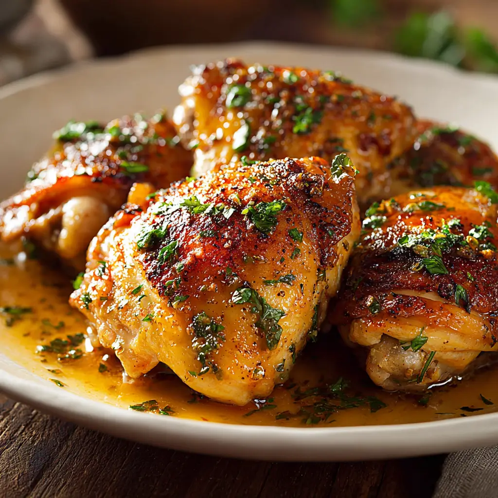 A beautiful serving of Crock Pot Chicken Thighs on a plate with creamy mashed potatoes and steamed green beans, with savory gravy spooned over everything.