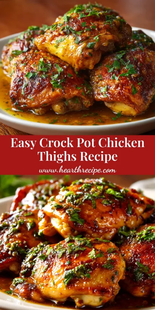 A plate of juicy Crock Pot Chicken Thighs covered in a savory gravy, garnished with fresh parsley. The chicken is fall-off-the-bone tender, perfect for an easy weeknight dinner.