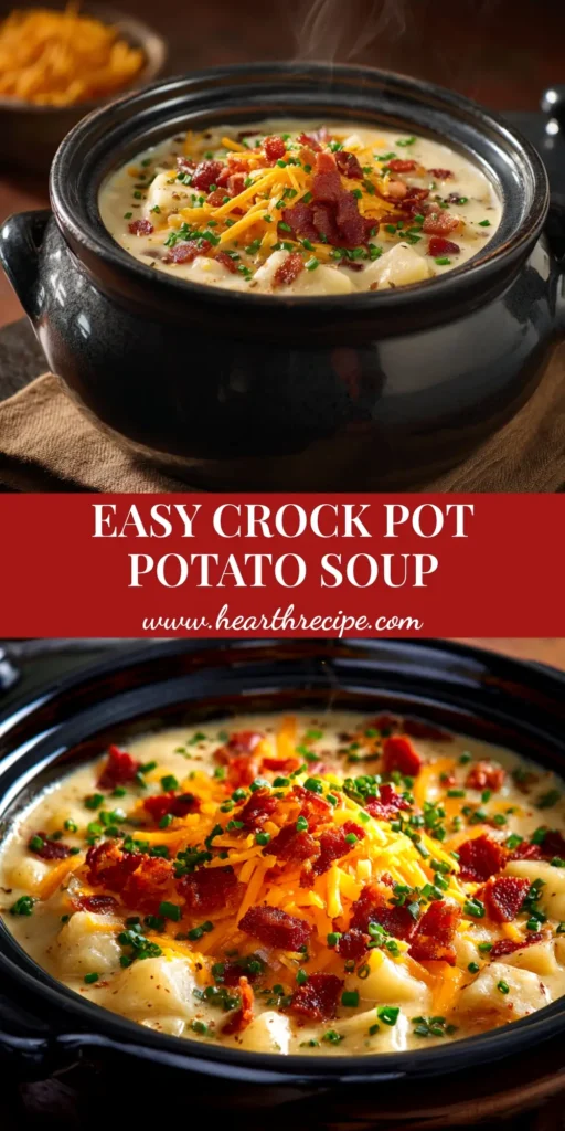 A warm bowl of creamy crock pot potato soup, loaded with shredded cheddar cheese, crispy bacon, and fresh chives. The perfect easy slow cooker recipe.