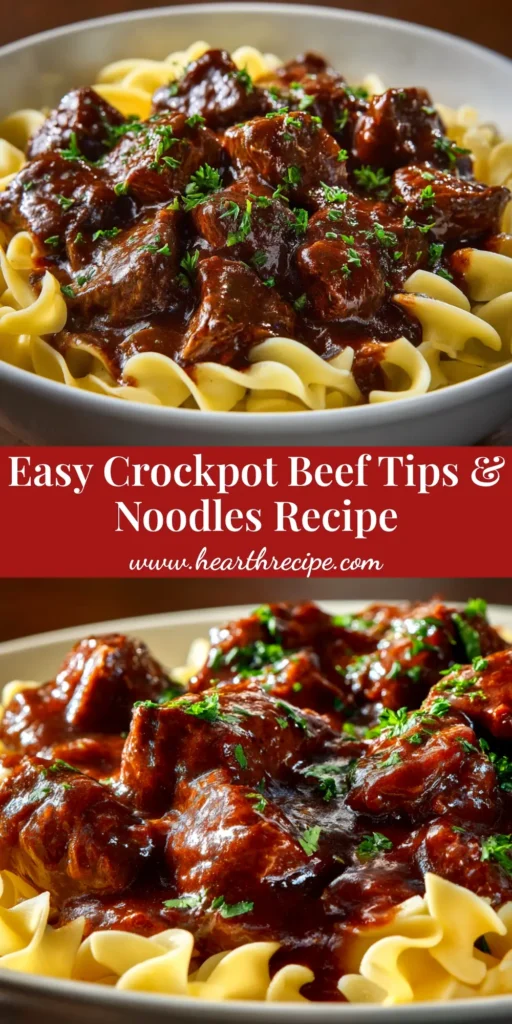 A sharable pin image of Crockpot Beef Tips served in a white bowl over creamy mashed potatoes, with fresh parsley garnish.