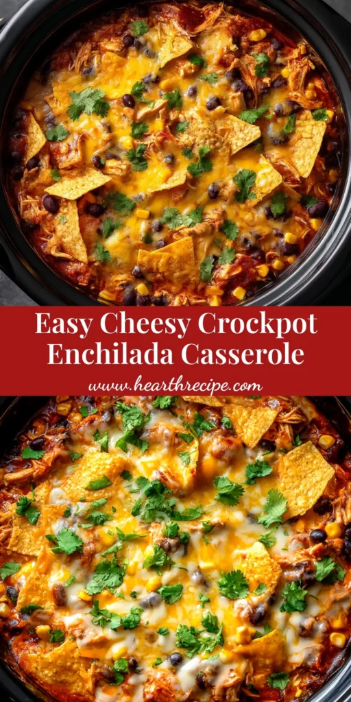 A delicious and cheesy Crockpot Chicken Enchilada Casserole being scooped from a slow cooker. The perfect easy weeknight dinner idea.