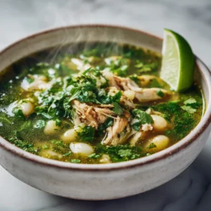 A close-up shot of a white ceramic bowl filled with hearty crockpot chicken posole verde, showing the tender shredded chicken and hominy in a rich green broth.